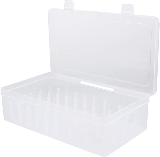 Clear plastic thread storage box with hinged lid and divided spool compartments