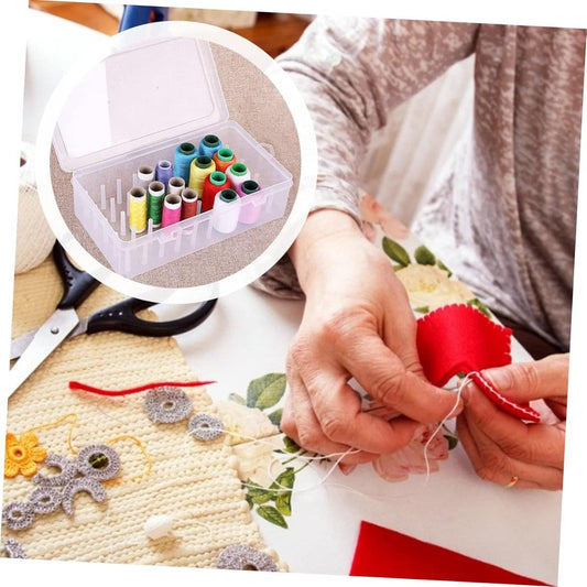 Clear thread organizer box with spool slots, shown with sewing thread spools inside