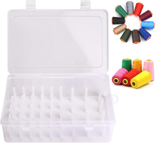 Transparent sewing thread storage box with open lid and empty spool compartments