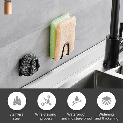 Wall sponge rack holding two scrub sponges on matte black double hooks