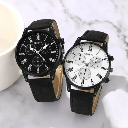 Leather quartz watch set with black and white dials, black leather straps on white tray.