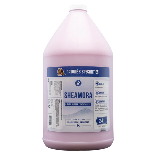 Sheamora conditioner bottle, large pink bottle with blue label and white cap