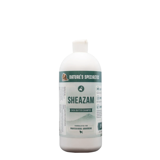 Sheazam shampoo bottle, front label with green band