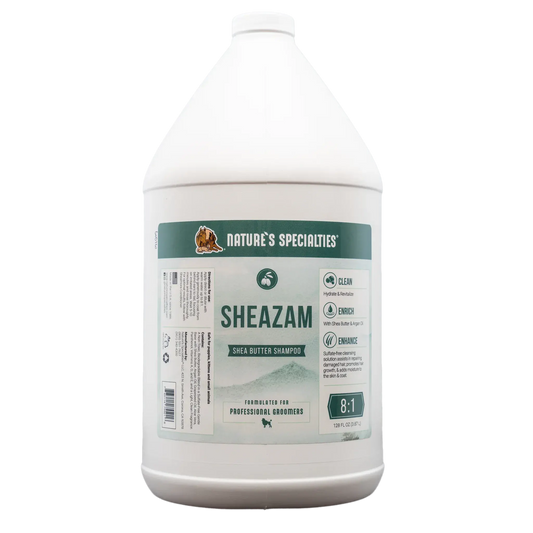 Sheazam shampoo bottle, back label view with ingredient panels