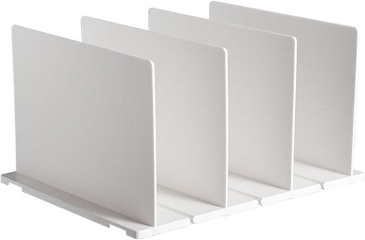 White closet shelf divider set with four vertical partitions on a base rail