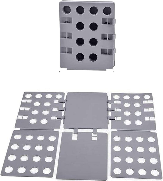 Gray T-shirt folding board with multiple hinged panels and circular slot cutouts