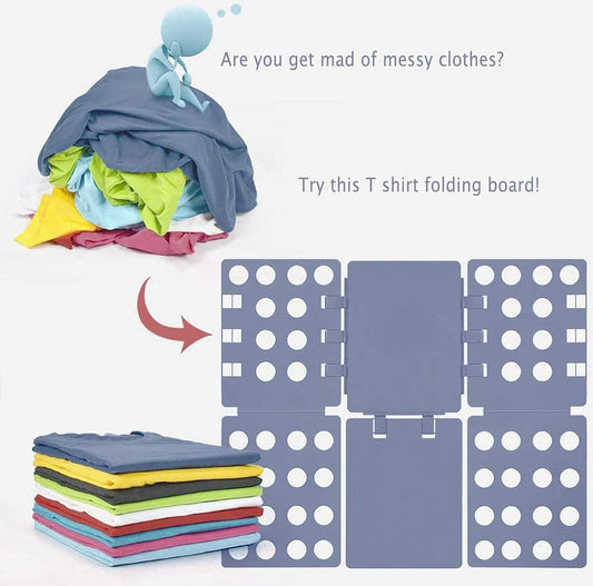 T-shirt folding board with three section panels and folded shirt stacks