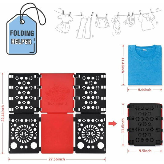Folding helper board with black patterned sides and folded blue T-shirt