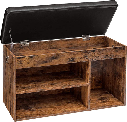 Shoe storage bench with black padded cushion and open wooden flip-top storage compartment