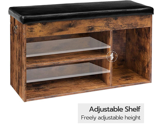 Shoe storage bench with black cushion and open front showing adjustable shelf inside