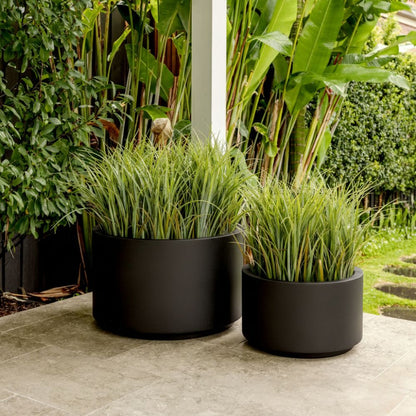 Pair of matte dark plant pots with dense green grass