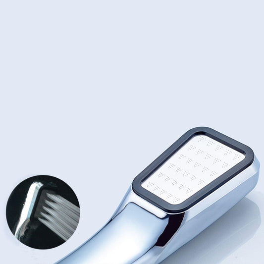 Handheld shower head with rectangular face and many outlet holes, chrome
