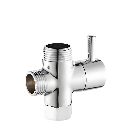 Shower water diverter valve with four-way outlet and inlet ports, chrome finish