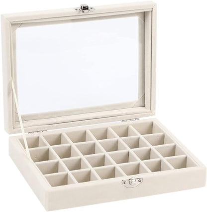 Sieradendoos - Sieradenhouder - Sieradendoos voor volwassenen - Sieradendoos voor meisjes - Sieradendoos van fluweel met deksel glazen - 24 compartmenten - Beige