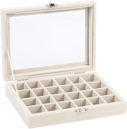 Velvet jewelry box with glass lid, beige, open with 24-compartment tray.