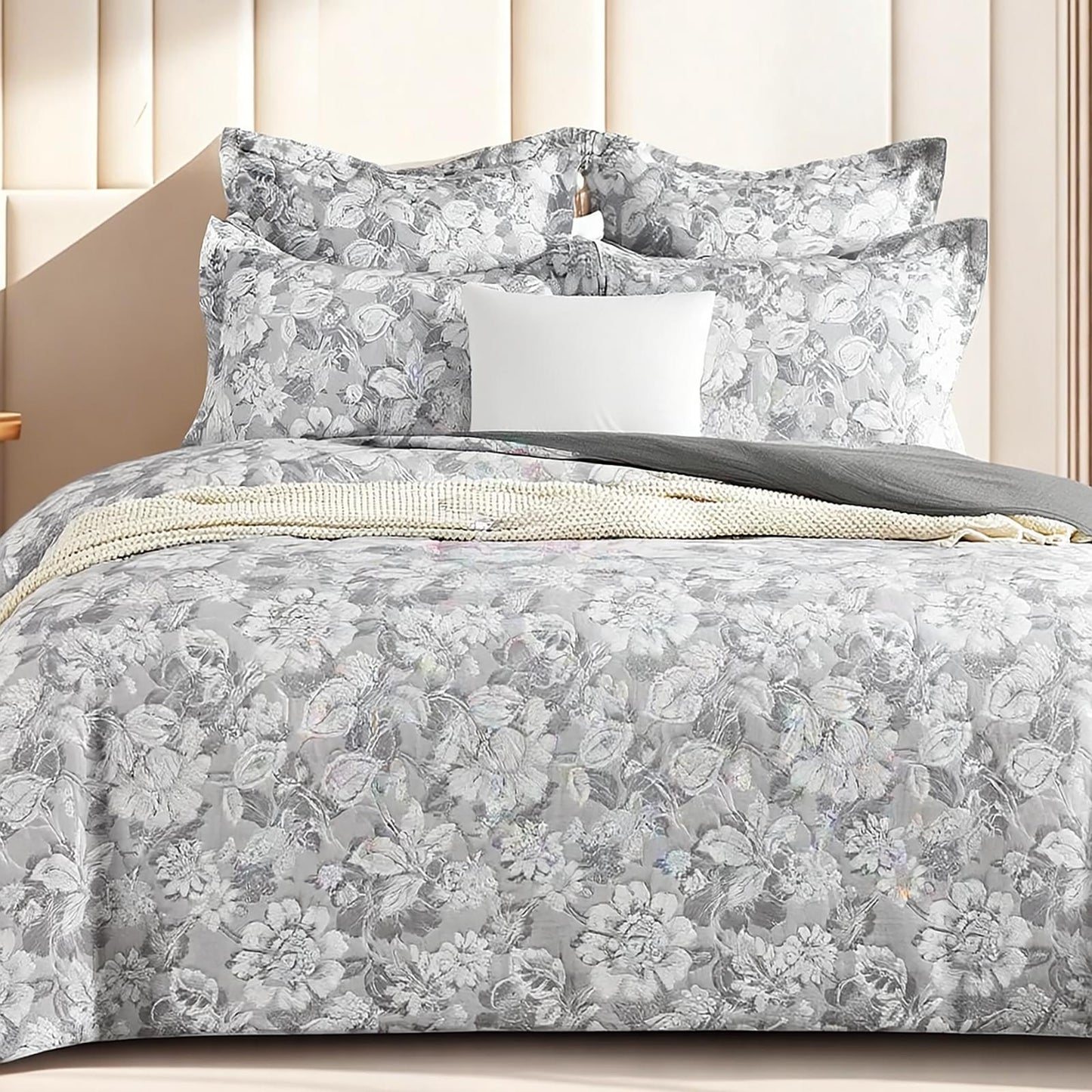 Charcoal floral jacquard super king quilt cover set with matching pillowcases