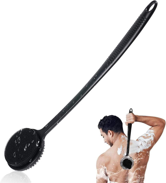 Long-handled silicone back scrubber with round massaging head, carbon black