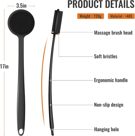 Long-handled silicone shower scrubber with round head and bristle sides, carbon black