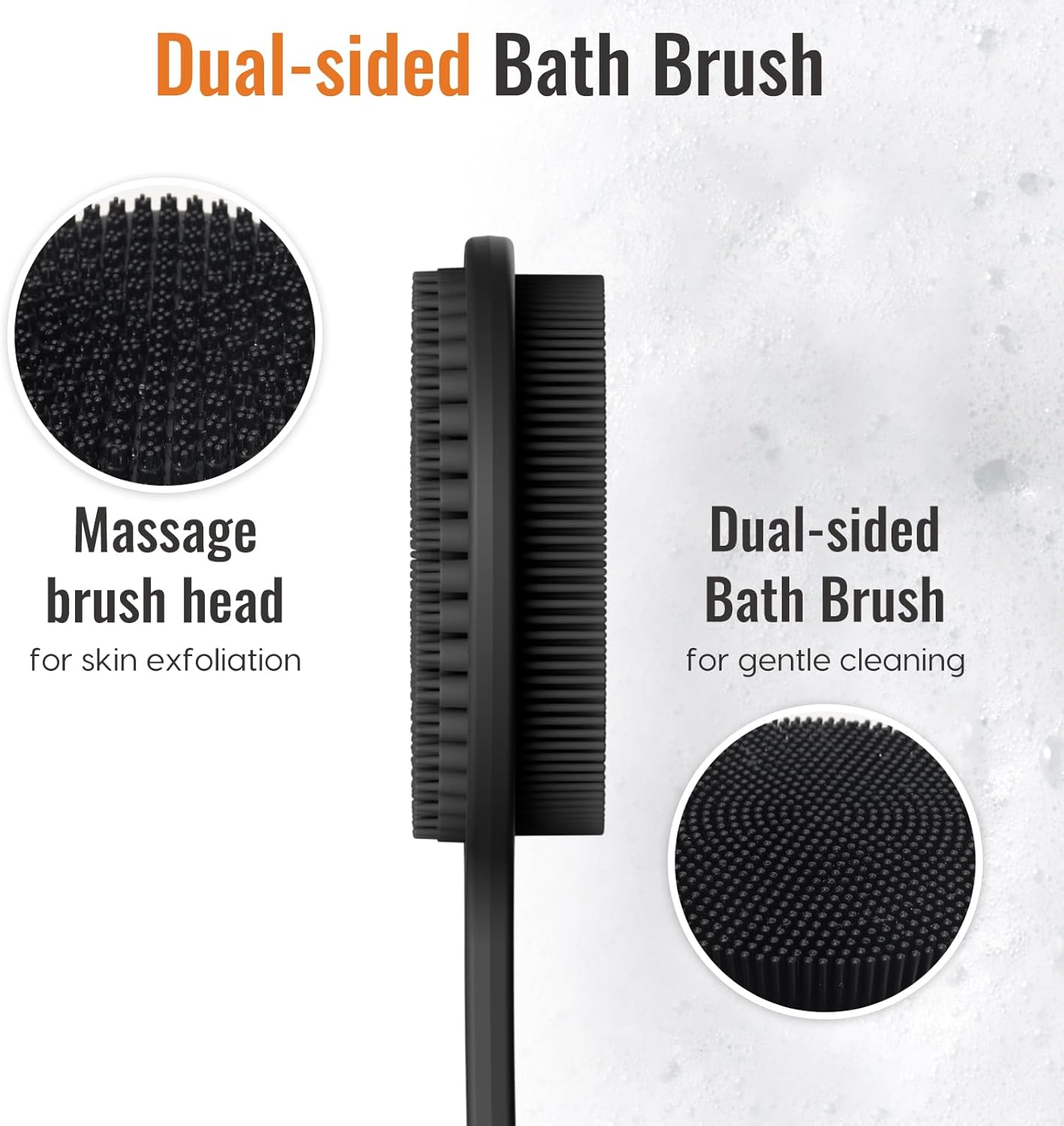 Silicone Back Scrubber for Shower, 17in Lengthen Long Handle Body Brush, Double Sided Shower Brush for Shower Exfoliating and Massage Can Produce Rich Foam, Long Handle Back Scrubber for Men and Women (Carbon black)
