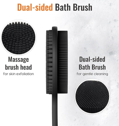 Silicone Back Scrubber for Shower, 17in Lengthen Long Handle Body Brush, Double Sided Shower Brush for Shower Exfoliating and Massage Can Produce Rich Foam, Long Handle Back Scrubber for Men and Women (Carbon black)