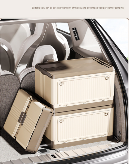 Size L Brown Collapsible Storage Box with Wheels and Telescopic Handle - Stackable Folding Crate for Car & Home