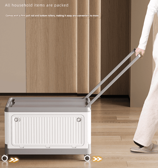 Grey wheeled storage box with telescopic handle extended, open top