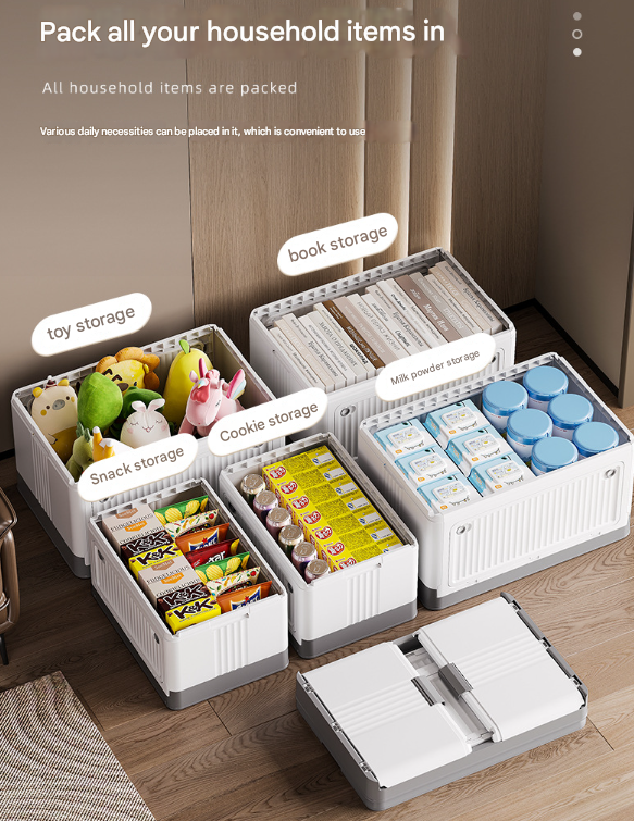 Size L Grey Collapsible Storage Box with Wheels and Telescopic Handle - Stackable Folding Crate for Car & Home