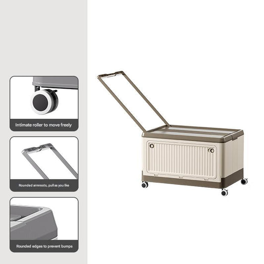Collapsible storage box on small wheels with telescopic handle, light gray/cream body