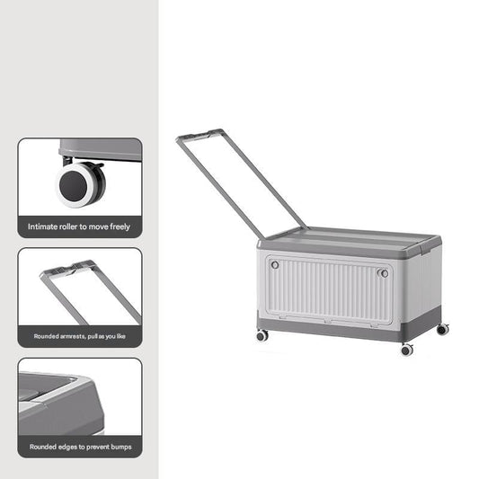 Grey collapsible storage box with four caster wheels and telescopic handle, side view