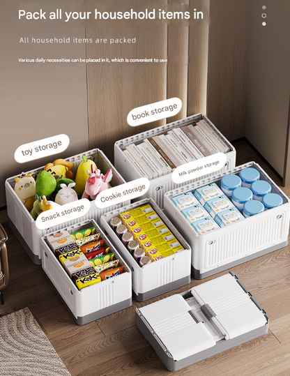 Size S Grey Collapsible Storage Box with Wheels and Telescopic Handle - Stackable Folding Crate for Car & Home
