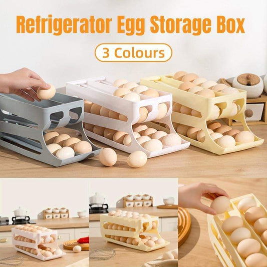 Sliding egg storage box with side slots, holding beige and white eggs