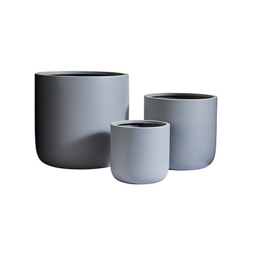 Light gray planter set with three round pots, nested with a smaller front pot