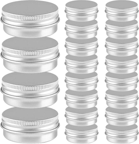 Silver aluminum sample tins with ribbed screw-top lids, stacked set