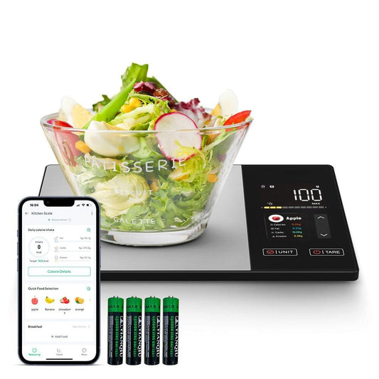 Smart kitchen scale with nutrient display and paired smartphone app