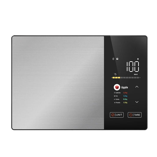 Kitchen scale with digital display reading 100 and food nutrition menu
