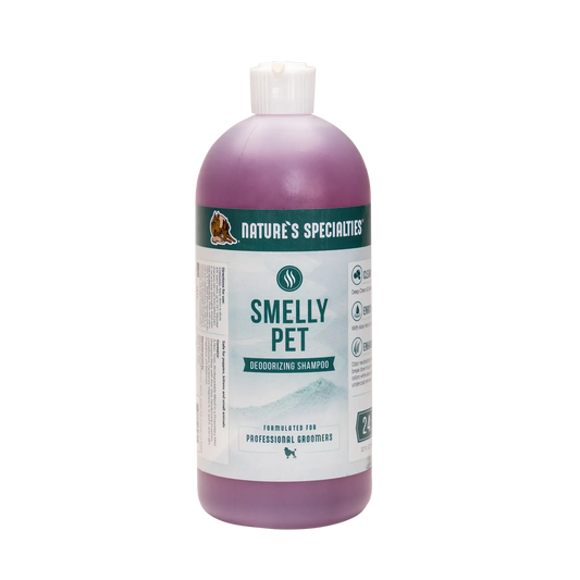 Smelly Pet deodorizing shampoo bottle, purple bottle with white cap and front label