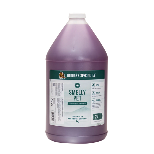 NATURE'S SPECIALTIES Smelly Pet deodorizing shampoo, back label on purple bottle