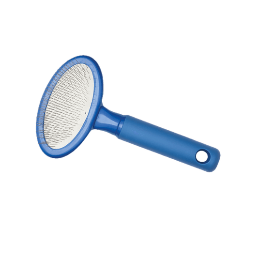 Mini slicker pet brush with blue handle and round wire bristle pad