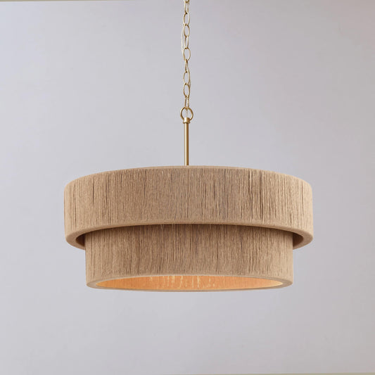 Natural rope double-tier chandelier with gold chain and drum shades