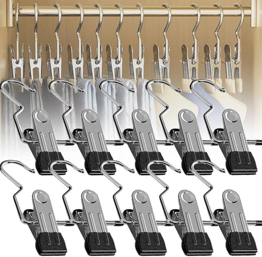 Set of black boot hanger clips with clothespin-style metal clamps