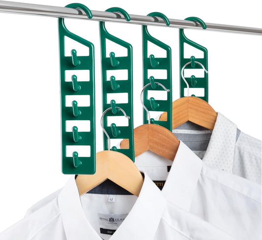 Space-saving clothes hanger organizer, green multi-hook plastic with rack bar