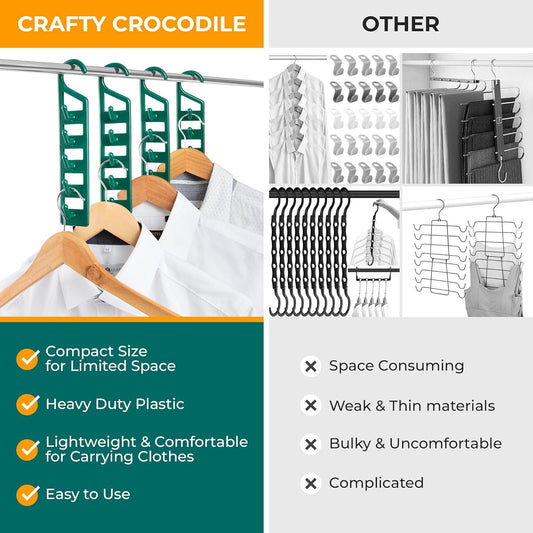 Green plastic space-saving hanger organizer holding shirts on multiple hooks