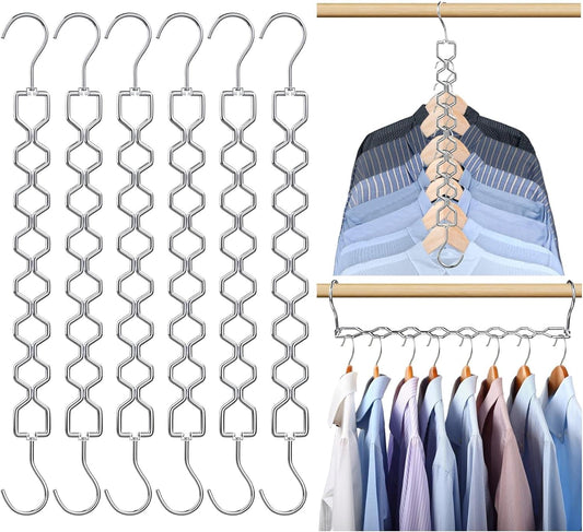 6-pack space-saving metal hangers with rotating double hooks, silver.