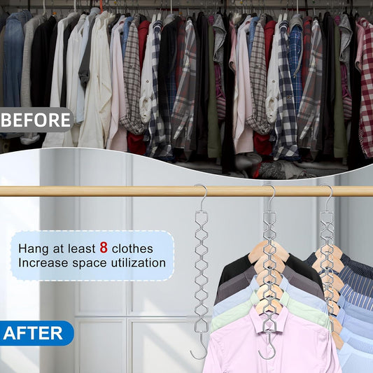 Space-saving metal hangers with swivel hooks holding shirts on a closet rod.