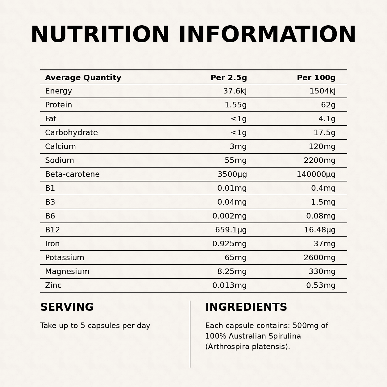 Freeze-dried spirulina supplement nutrition info & ingredients panel