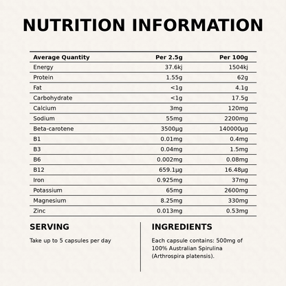 Freeze-dried spirulina supplement nutrition info & ingredients panel