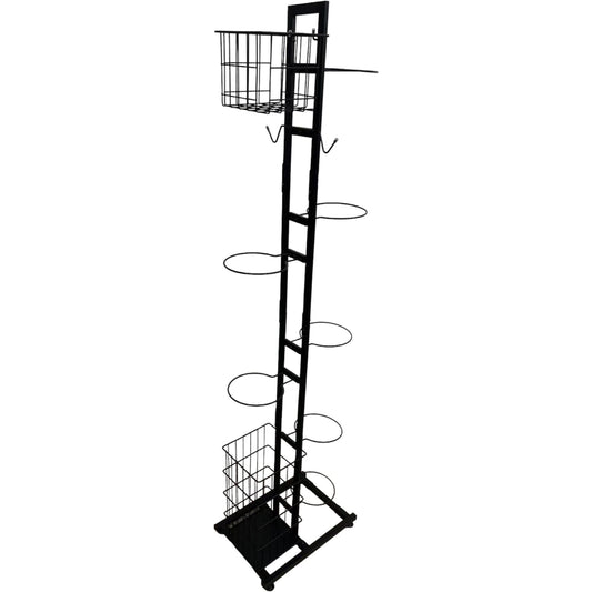 Black vertical sports storage rack with wire baskets and circular ball holders