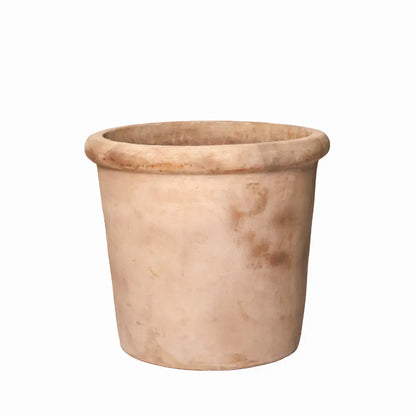 Concrete planter pot in light tan with wide rim, squat conical shape.