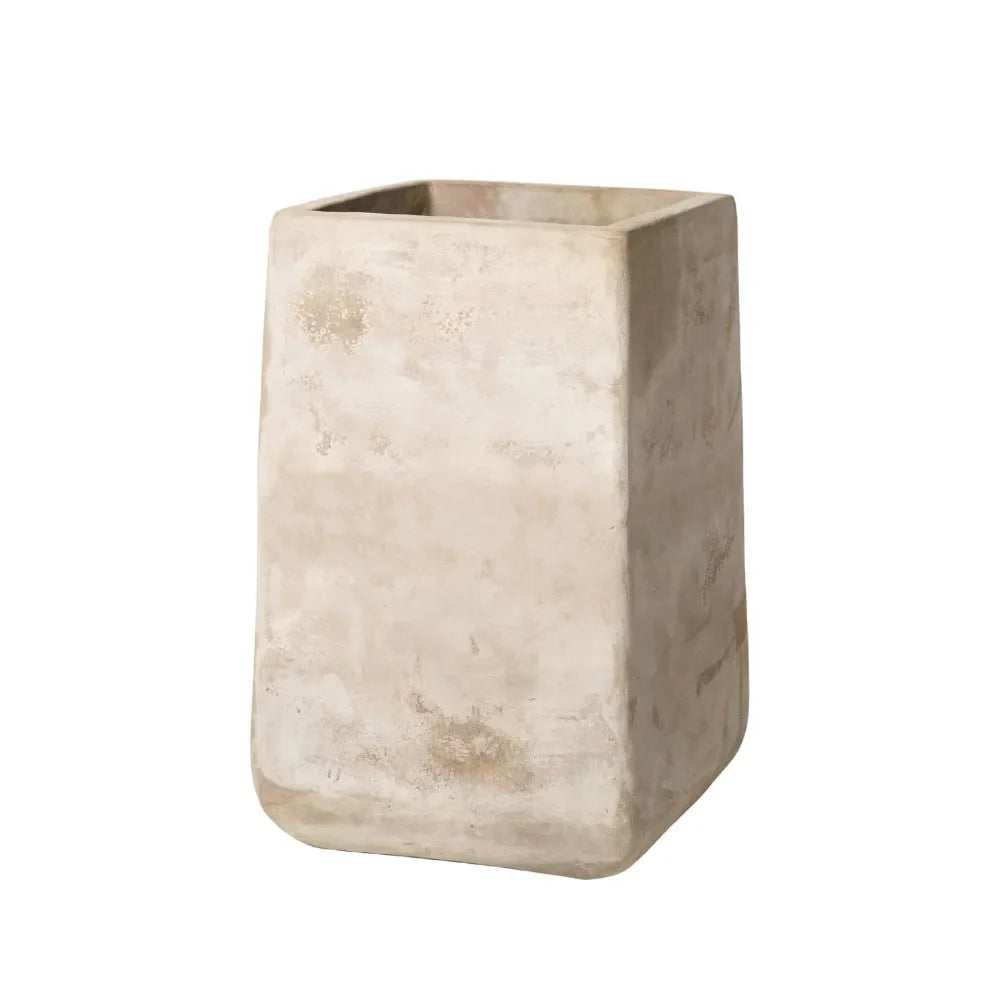 Beige concrete squircle planter pot with rounded corners and open top