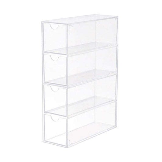 Clear acrylic four-drawer storage organizer with curved drawer handles